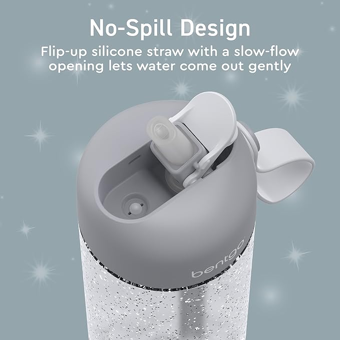 Bentgo Kids Water Bottle - Leak-Proof, Durable Tritan, BPA-Free 15 oz. Cup for Kids/Toddlers Ages 3+, Safe Sip Spout, Carrying Handle, & Dishwasher Safe for School (Glitter Edition - Silver)