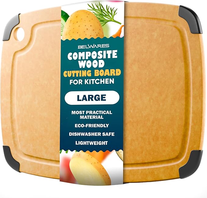 Dishwasher Safe Cutting Boards for Kitchen - Large Composite Wood Cutting Board with Non-Slip Feet & Juice Groove - Thin & Lightweight Eco-Friendly Chopping Board (14.5" 11.25", Natural)