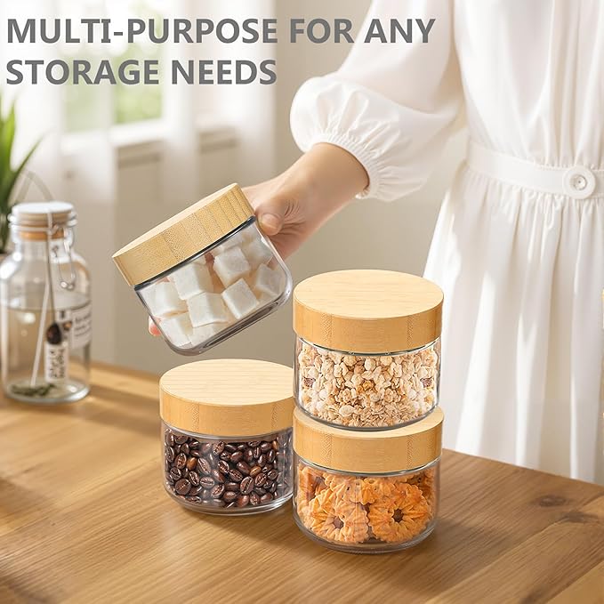4 Pack 10oz Glass Jars with Bamboo Lids, Spoons, Airtight Overnight Oats Containers, Wide Mouth Mason Jars, Food Storage Container for Yogurt Salad Snacks Spice Sugar Meal Prep – Reusable