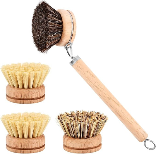 Bamboo Dish Brush with Handle - 3 Replacement Heads, Soft Bristles Kitchen Brush, Bamboo Dish Scrubber for Dishes Vegetable, Pots and Pans, Kitchen Utensils(Color:Wood)