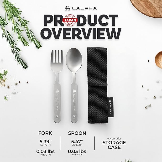LALPHA Ultra-Lightweight Titanium Cutlery Set - Made in Tsubame-Sanjo, Includes Spoon and Fork with Storage Case for Backpacking