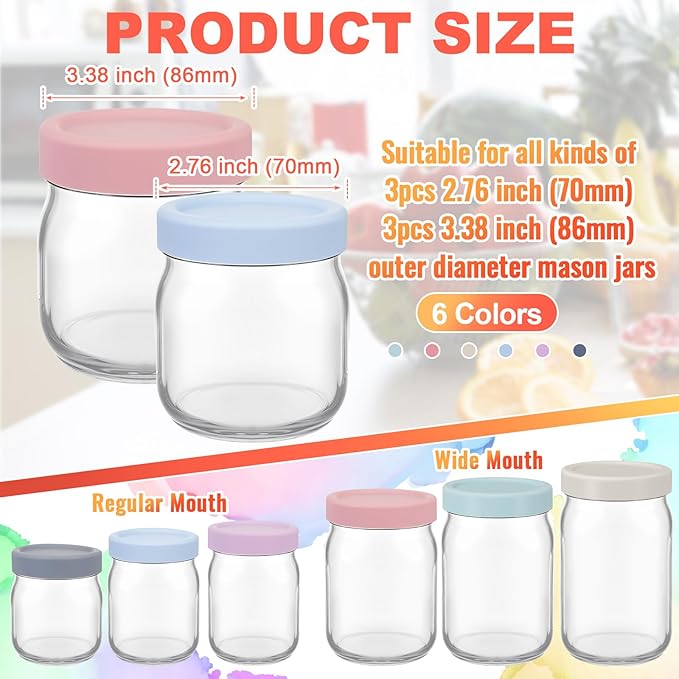 6 Pcs Mason Jars 3 Wide and 3 Regular Mouth Lids Mason Jar Lids Thickened Leak Proof Lid for 86 mm and 70 mm Wide and Regular Mouth, Reusable Canning Jar Caps (Morandi)
