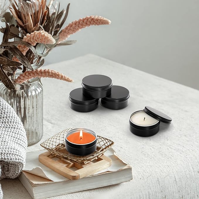 Foraineam 48 Pack 4 oz Metal Round Tins with Screw Lid, Black Aluminium Empty Candle Tins Storage Tin Jars, Cosmetic Sample Containers Travel Tin Cans for Salve, Cream, Spices or Candles