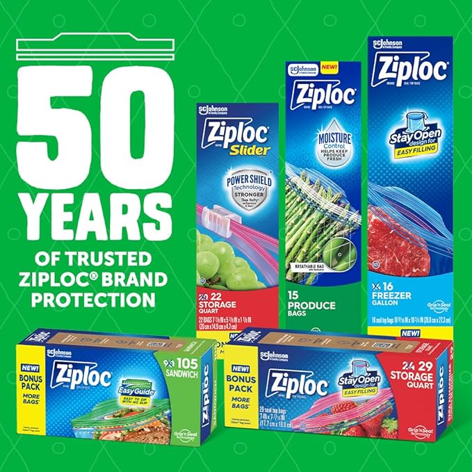 Ziploc Food Storage Produce Bags, Seal Top to Keep and Control Moisture, 15 Bags Total