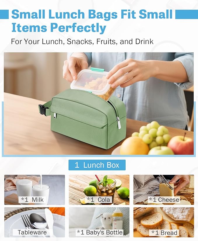Small Insulated Snack Bag Lunch Box,Collapsible Reusable Small Lunch Bag with Snap Buckle Handle for Beach Travel Picnic,Green 5-Can(3L)