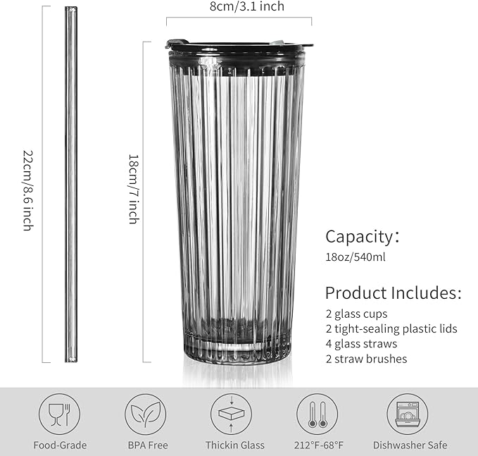 Puraville 2 Pack 18oz Glass Cups with Lids and Straws, Vintage Ribbed Striped Thickened Glassware for Whiskey Cocktail Beer, Mason Jar Drinking Glasses Tumbler Iced Coffee Cup, Black