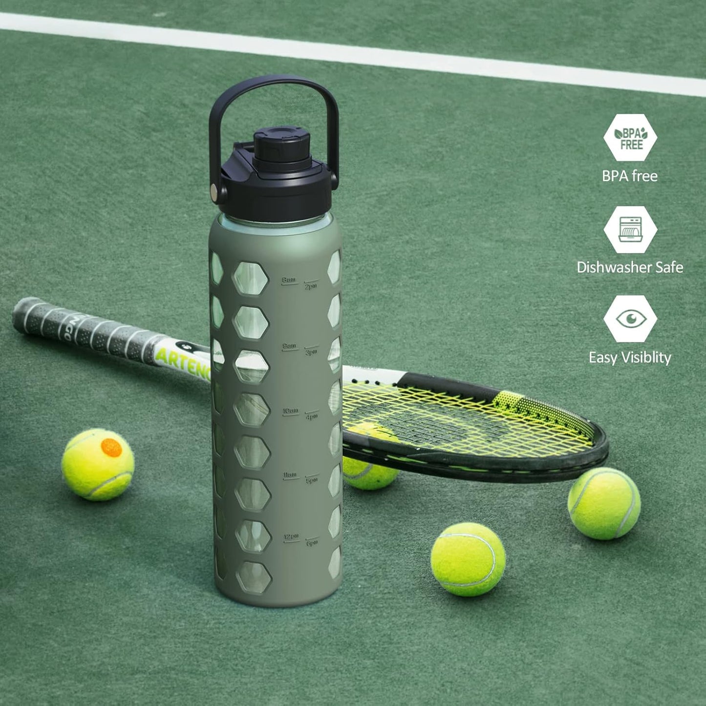 MUKOKO 24oz Glass Water Bottle with 2 Lids-Handle Flip Lid&Bamboo Straw Lid,Motivational Water Tumbler with Time Marker Reminder and Silicone Sleeve, Leakproof-Olive