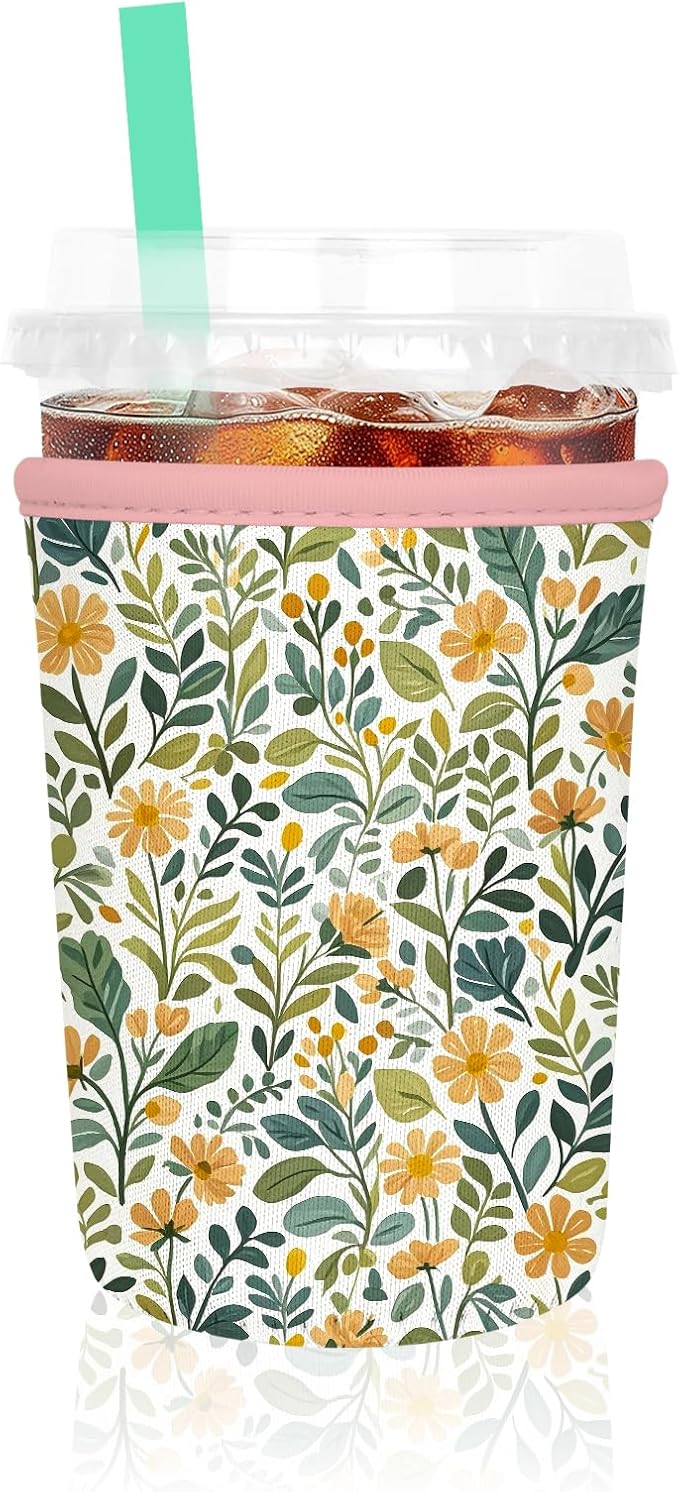 Iced Coffee Sleeve, Reusable Insulated Neoprene Cup Sleeve for Cold & Hot Drinks Beverages, Cup Holder for 16oz-18oz Coffee Cups,Abstract Leaf