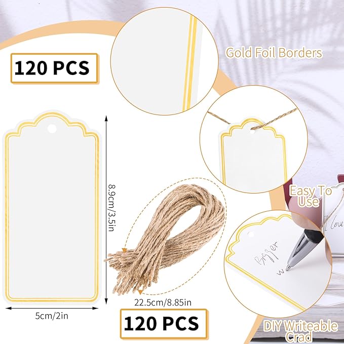 120 PCS Gift Tags with String Gold Foil Metallic Gift Tags Writable Blank Tag for Valentine's Day Baby Shower Birthday Wedding Presents Labeling DIY Craft Project 3.5''×2''