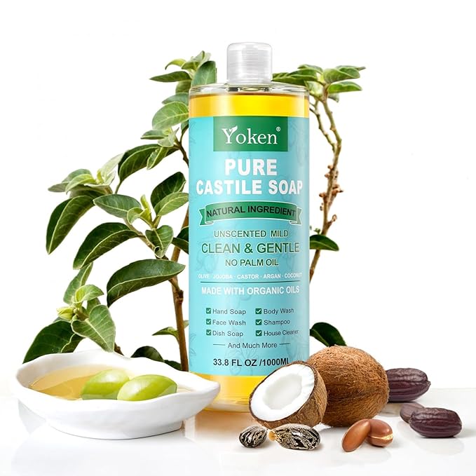 EWG Verified Castile Soap Liquid Unscented 33.8 fl oz Pure Castile Liquid Cleanser Made With Organic Oil, Clean & Gentle, Natural Castor Oil Soap for Body Wash, Hand, Dishes, Laundry