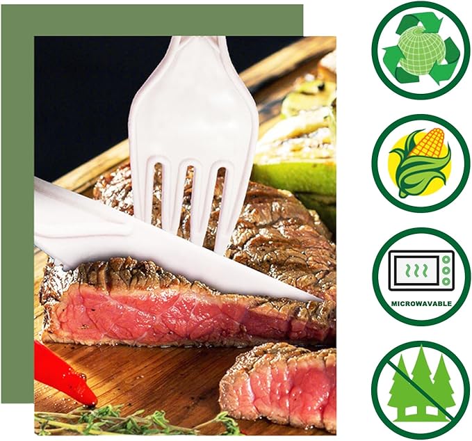 100pcs 100% Compostable Biodegradable Utensils Disposable Cutlery Set Cornstarch Spoon Fork Knife Alternative to Plastic (Fork 100)