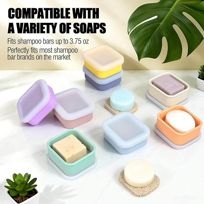 OTHIX 2 Pack Leakproof Silicone Travel Soap Case-Small Bar Soap Holder Container with Drainage Layer & Mini Portable Soap Dish for Shampoo Bars, Bathroom, Gym, Travel, Camping (Cream & Light Purple)