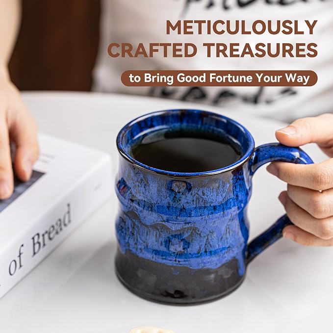 Midnight Blue Ceramic Coffee Mug 15oz - Handcrafted Artisan Mug with Large Handle for Comfort, Unique Birthday Gift for Him/Her, Office Desk Essential, Safe for Dishwasher