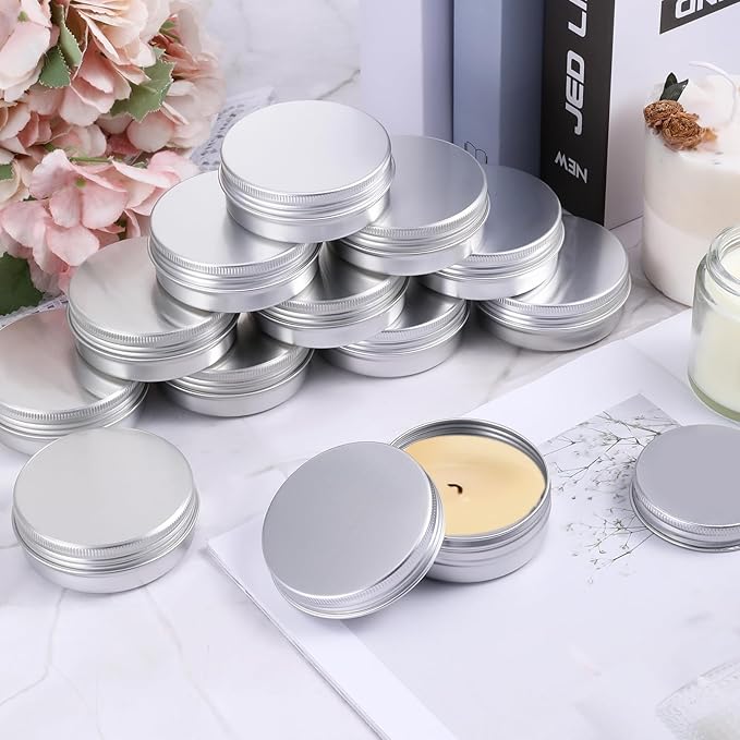 60 Pack 2 OZ Metal Round Tins, Aluminum Tin Cans Containers with Screw Lid for Lotion Bars, Balms, Salve, Spices or Beard Balm
