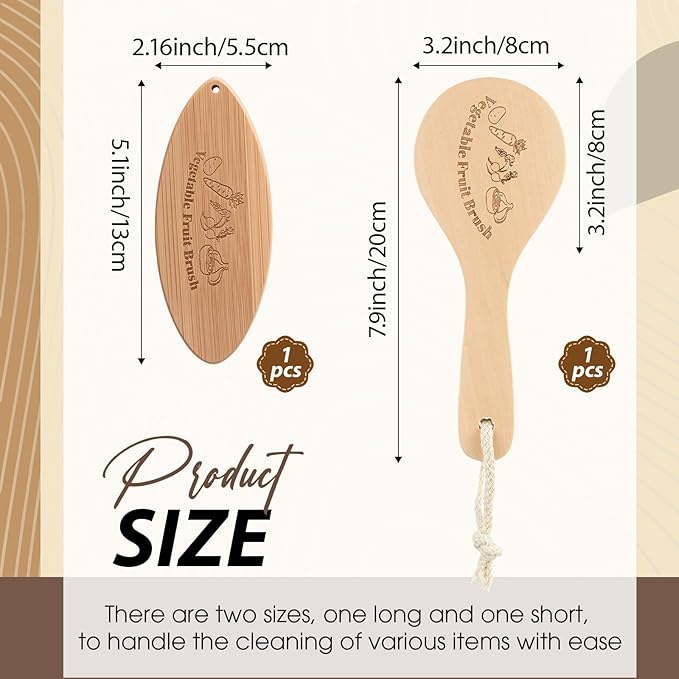 2 Pcs Wooden Potato Scrubber Brushes with Handle Vegetable Brushes for Fruit Food Potato Carrot Cucumber Veggie Produce Pans Pots Cleaning