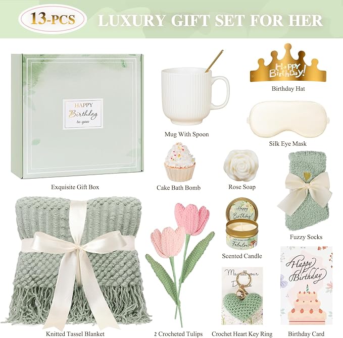 Birthday Gifts for Women - 13PCS Unique Happy Birthday Gifts Basket for Mom Her Best Friend Sister Wife Girlfriend Coworker - Relaxing Spa Self Care Package Get Well Soon Gifts Set (Vanilla)