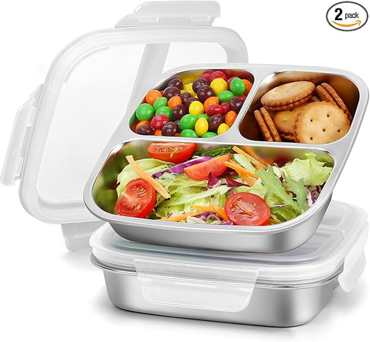 RAOOKIF 2 Pack Stainless Steel Snack Containers With Lids, 3 Compartment Leak-proof Food Storage Containers, 20 oz Reusable Grab and Go Snack Box for School, Home, Office, and Camping, Dishwasher-Safe
