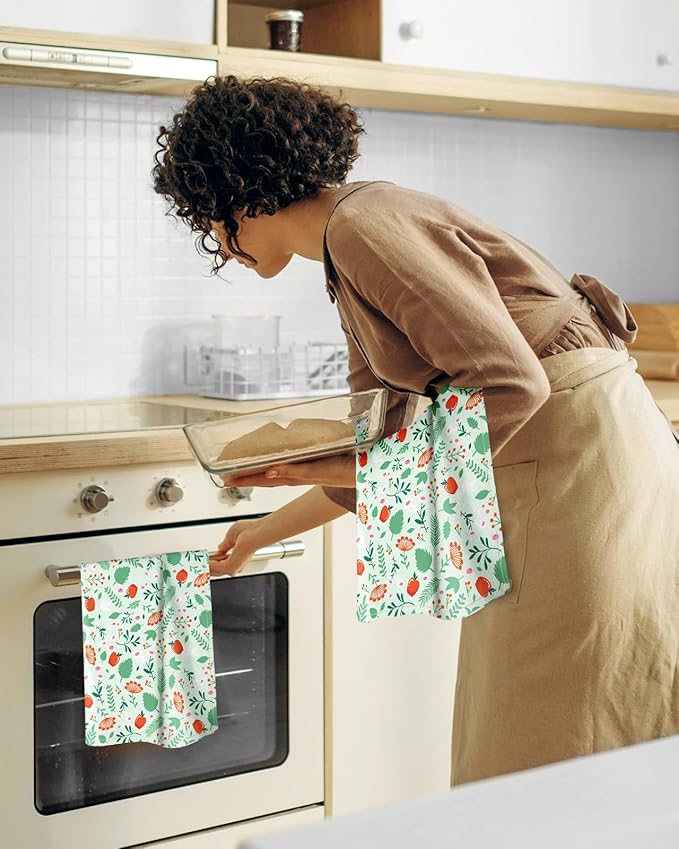 Flour Sack Kitchen Towels Set of 2-18x26 Cotton Dish Towels with Hanging Loop Reusable Tea Towel for Cleaning Spring Absorbent Dishcloths Cute Home Decor Housewarming, Green Leaf Fruit