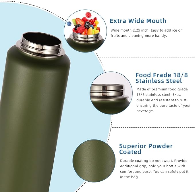 Volhoply Insulated Water Bottles Bulk 8 Pack, 40 oz Stainless Steel Sports Bottle with Paracord Handle & Spout, Vacuum Metal Travel Cups with Wide Mouth,Reusable Large Water Cup(Army Green,4 Set)