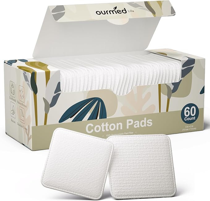 Ourmed Life Large Cotton Pads for Face, Soft & Lint-Free Cotton Rounds with Pressed Seam Design, Durable Facial Cleansing Squares for Face, Ideal Makeup Remover Pads, 3x3 Inch, 60 Count