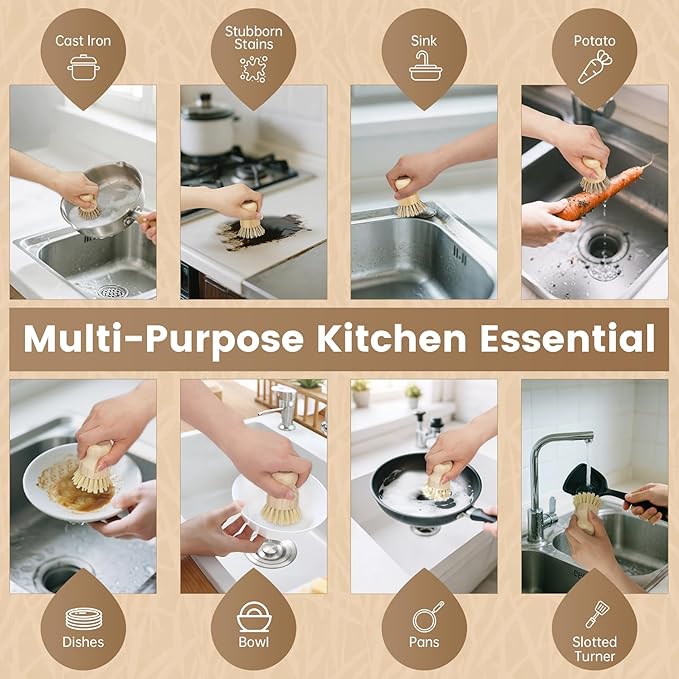 2-Pack Bamboo Dish Brush – Natural Dish Scrub Brush with Sisal & Palm Bristles for Non-Stick Pans, Pots, Vegetables, and Kitchen Cleaning