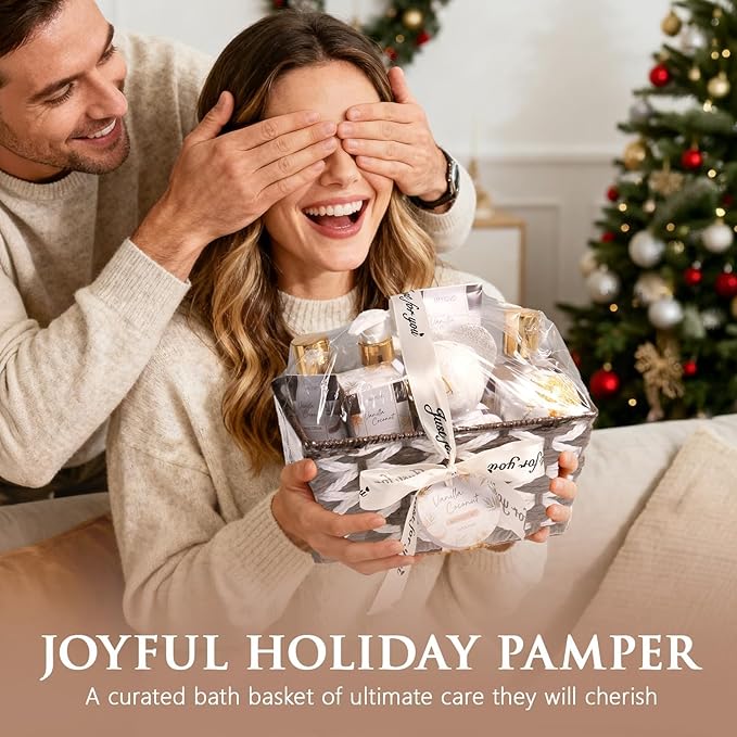 Christmas Birthday Gifts for Women, Vanilla Coconut Relaxing Spa Gift Baskets for Women Self Care Package Bath Gift Set, Home Bath and Body Kit Pampering Gifts for Womens Mom Her Friends Sister Wife