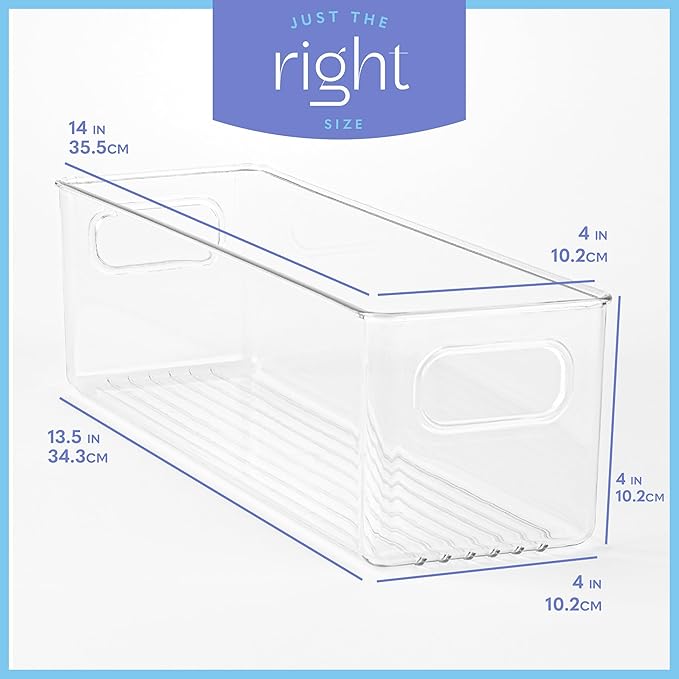 primebox Plastic Food Storage 6 Pack Clear Container Bin with Handles for Organizing Kitchen, Pantry, Refrigerator, Freezer, Pantry, Cabinet, Closet, Bathroom. 14”x4”x4”