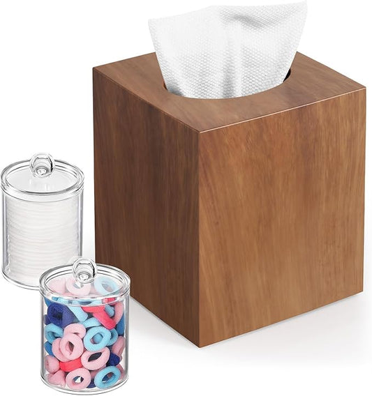 Tissue Box Cover, Square Facial Acrylic Tissue Holder with 2 Pack Clear Qtip Holder Dispenser for Cotton Swabs, Bathroom Essentials Accessories Decor, Vanity Makeup Countertops -Wood Grain