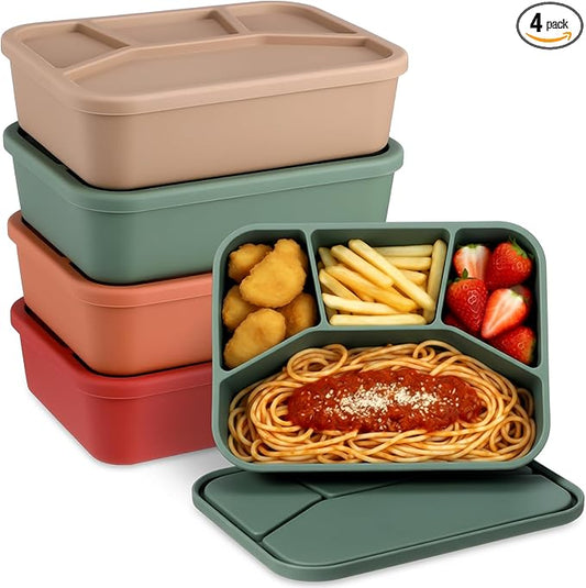 Honeydak 4 Pcs Silicone Bento Box Reusable Lunch Container 4 Compartment Snack Boxes with Lid Smooth LeakProof Rectangle Food Boxes for Adult Work Travel Food Storage (Simple Color)