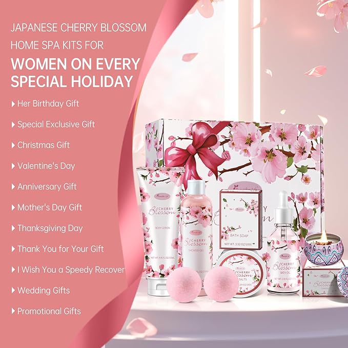 Bath and Body Gift Set for Women - Luxurious Home Spa Gift Set,Japanese Cherry Blossom 7-Piece Set Including Shower Gel,Body Lotion,Bath Oil,Bath Salt,Soap,Bath Bombs and Candle