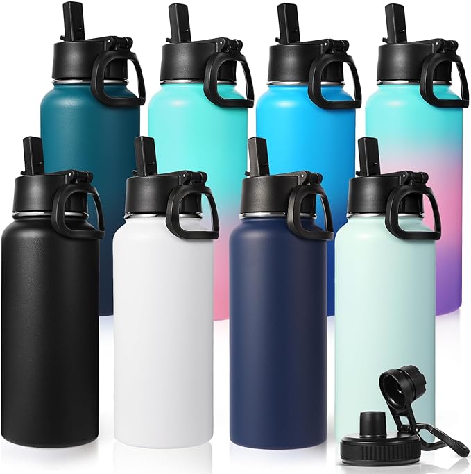Neihepal 32 oz Insulated Water Bottles Bulk with 2 Lids (Straw & Spout Lid), Stainless Steel Double Wall Water Bottle, Keeps Cold 24H & Hot 12H (Eight Color,8 Pack)
