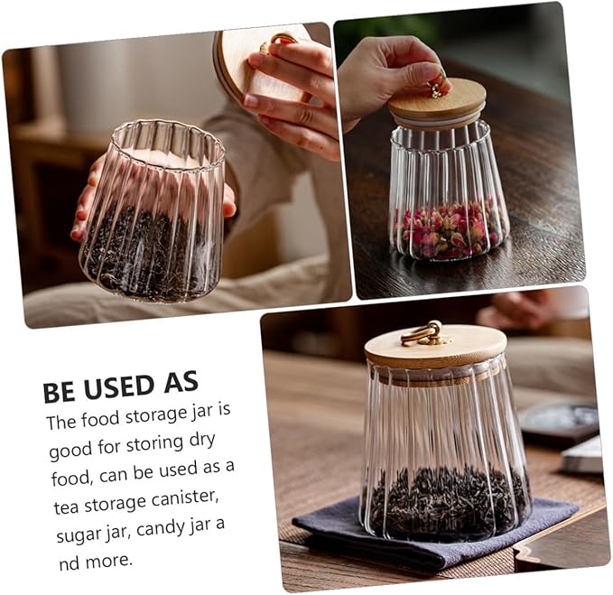 Transparent Sealed Glass Food Container with Wooden Lid Airtight Storage Jar for Kitchen Pantry Sealed Canister for Cereals Nuts Snacks and Tea