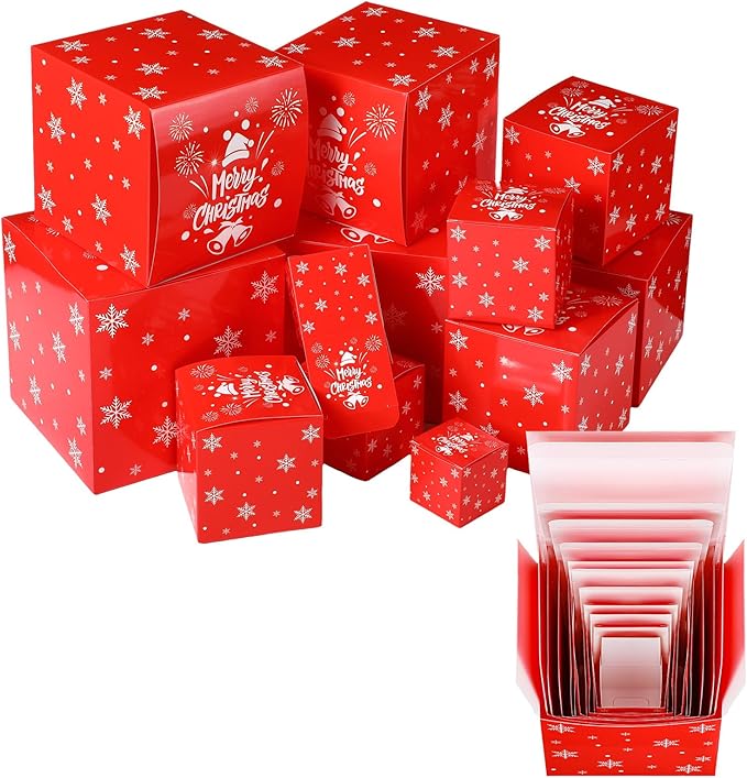 TecUnite 12 Pcs Christmas Prank Gift Box Nesting Gift Boxes Funny Prank Boxes for Xmas Birthday Wrapping, 1.9-6.3 Inch(Merry Christmas)