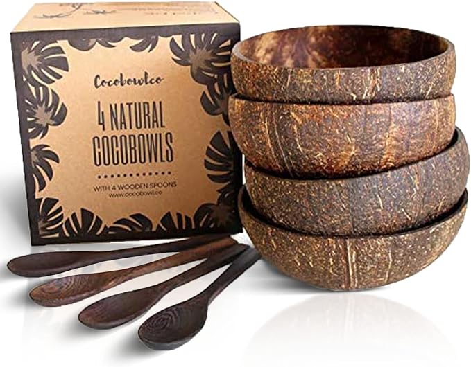 Coconut Bowl Set with Wooden Spoons –White Elephant Gifts For Adults, Christmas Gifts. Eco-Friendly Acai Bowls, Yogurt Bowls & Smoothie Bowl – Ideal for Ninja Creami (4, Natural)