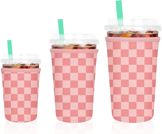 3 Pack Iced Coffee Sleeve, Reusable Insulated Neoprene Cup Sleeve for Cold & Hot Drinks Beverages, Cup Holder for 16-32oz Coffee Cups, Pink Plaid