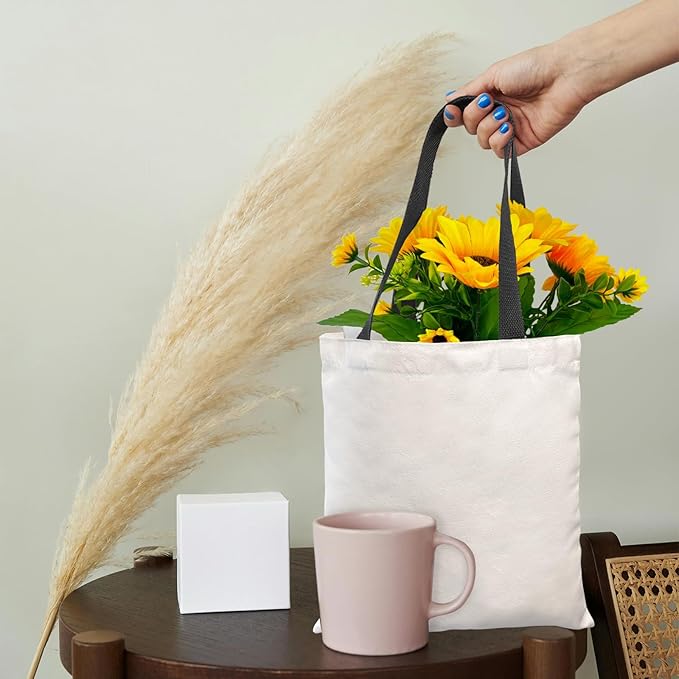 40 Reusable Canvas Tote Bags, Polyester, White, 12x14 Inch, 20 Colored Handles, Sublimation Blank, DIY Crafts, Grocery Shopping, Party Event, Heat Transfer