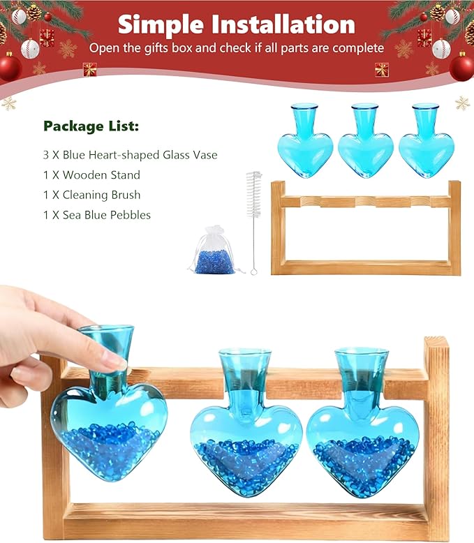 Nacome Plant Terrarium Propagation Stations: Air Planter 3 Bulb Glass Heart Shaped Vase with Wooden Stand for Hydroponics Home Office Decor - Christmas Gifts for Plant Lovers Women Mom Wife