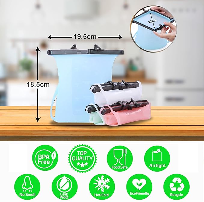 Silicone Food Storage Bags Reusable Stand-Up FoodBunker Dishwasher Safe Set of 3 (2 x 33 Oz + 101 Oz) For Freezing, Marinating Silicone Food Storage Bags