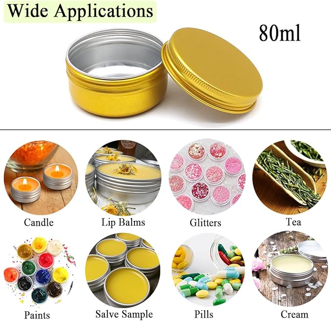 80ml Aluminum Tin Jar, Refillable Makeup Container 80g Gold Screw up Lid Small Round Container Bottle for Cosmetics, Lip Balm, Cream, Toner, Eyeshadow, Candle, Tea, Beads, Nails, 10 Pack Tins