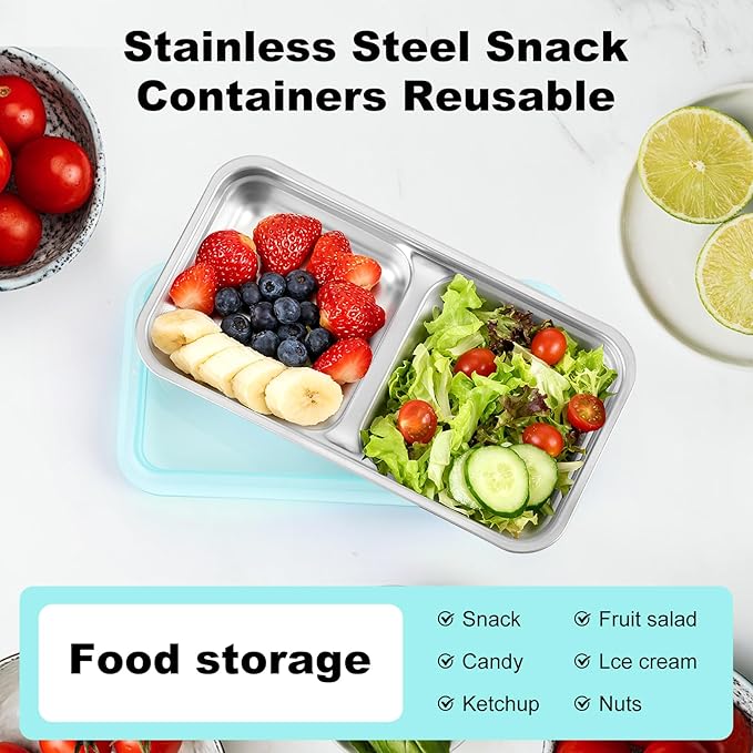 Reusable Stainless Steel Snack Containers with Lids,Double Compartment 2 Condiment Containers,Grab and Go Divided Snack Food Storage for Kids Adults, Sauce Cups for School, Trave (4)