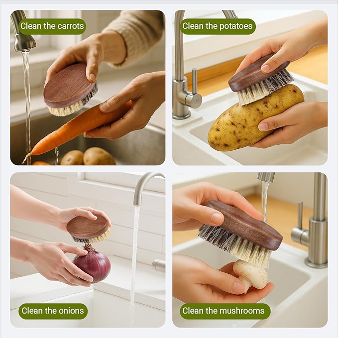 Fruit & Vegetable Cleaning Brushes with Acacia Wood Handle Natural Half Sisal Bristle Half Palm Fibers Bristles Design,Oval Shape Easy Hold,Pack of 2,Brown