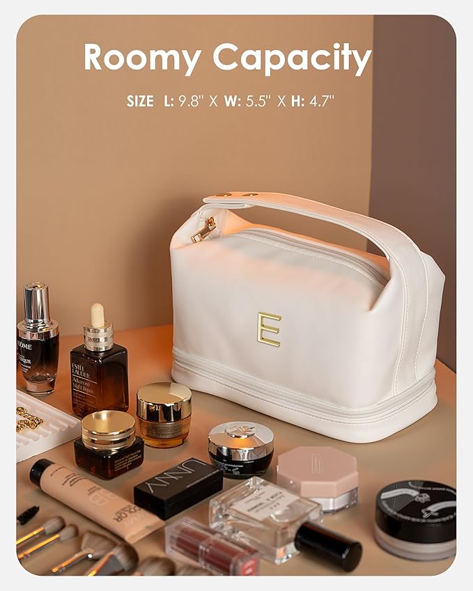 Makeup Bags for Teens Girls, Initial Double Layer Cosmetic Bag with Makeup Brush Organizer, Large Capacity PU Leather Travel Toiletry Bag, Gifts for Friends Female Mom