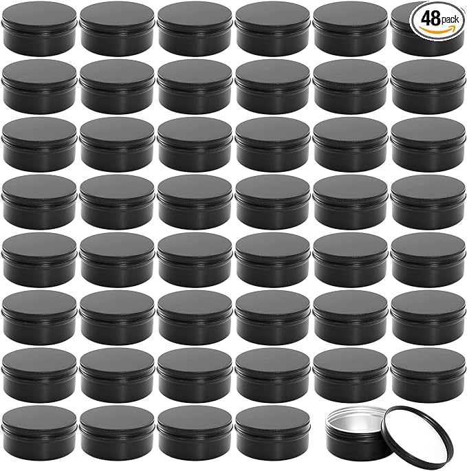 Foraineam 48 Pack 4 oz Metal Round Tins with Screw Lid, Black Aluminium Empty Candle Tins Storage Tin Jars, Cosmetic Sample Containers Travel Tin Cans for Salve, Cream, Spices or Candles