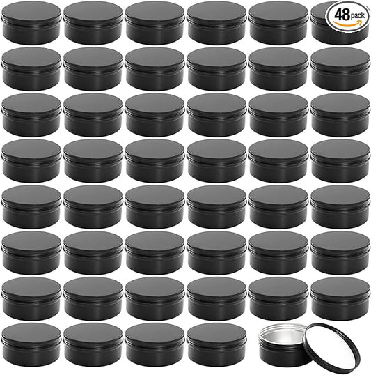 Foraineam 48 Pack 4 oz Metal Round Tins with Screw Lid, Black Aluminium Empty Candle Tins Storage Tin Jars, Cosmetic Sample Containers Travel Tin Cans for Salve, Cream, Spices or Candles