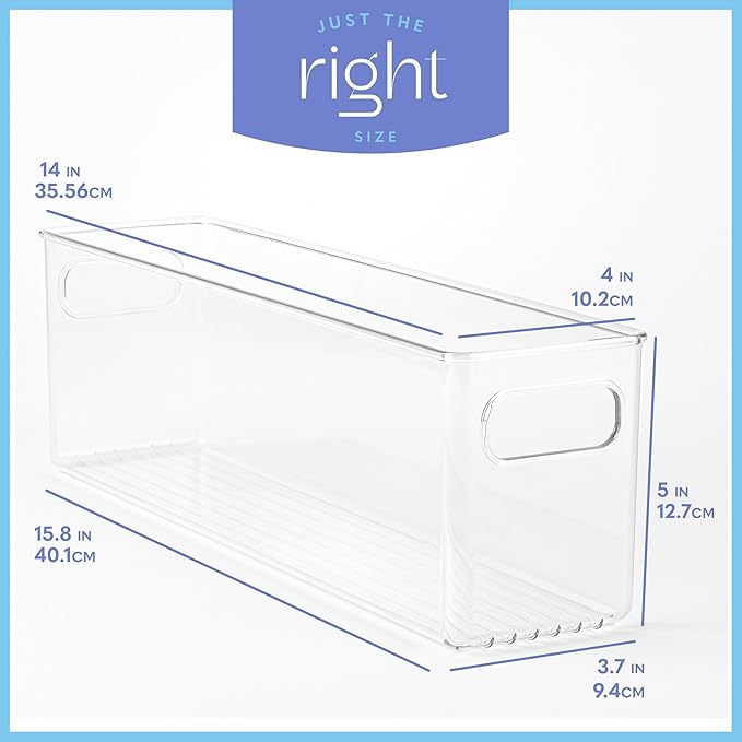 primebox Plastic Food Storage 2 Pack Clear Container Bin with Handles for Organizing Kitchen, Pantry, Refrigerator, Freezer, Pantry, Cabinet, Closet, Bathroom. 14”x4”x5”