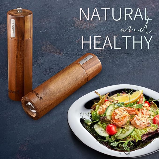 KING Acacia Salt Pepper Wood Grinders, Wooden Salt and Pepper Grinder Set, Refillable and Adjustable, 8" Tall Manual Salt Pepper Grinder Mill 2pcs, Cool House Warming Gift and Home Gifts