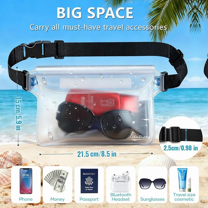Waterproof Fanny Pack with Triple Zip Lock, Submersible Up to 32FT Dry Bag Pouch, Touchscreen Phone Case for Beach, Cruise, Swimming & Kayaking Essentials