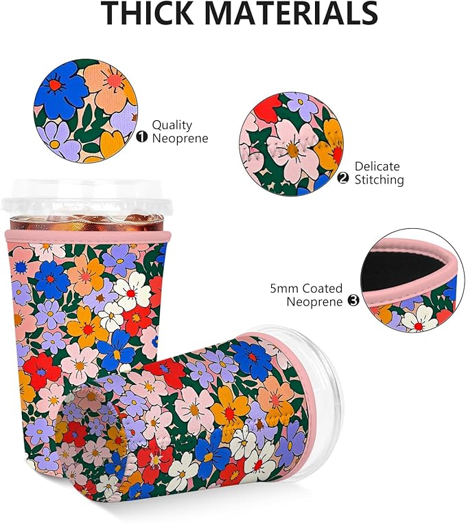 Iced Coffee Sleeve, Reusable Insulated Neoprene Cup Sleeve for Cold & Hot Drinks Beverages, Cup Holder for 16oz-18oz Coffee Cups, Watercolor Flowers