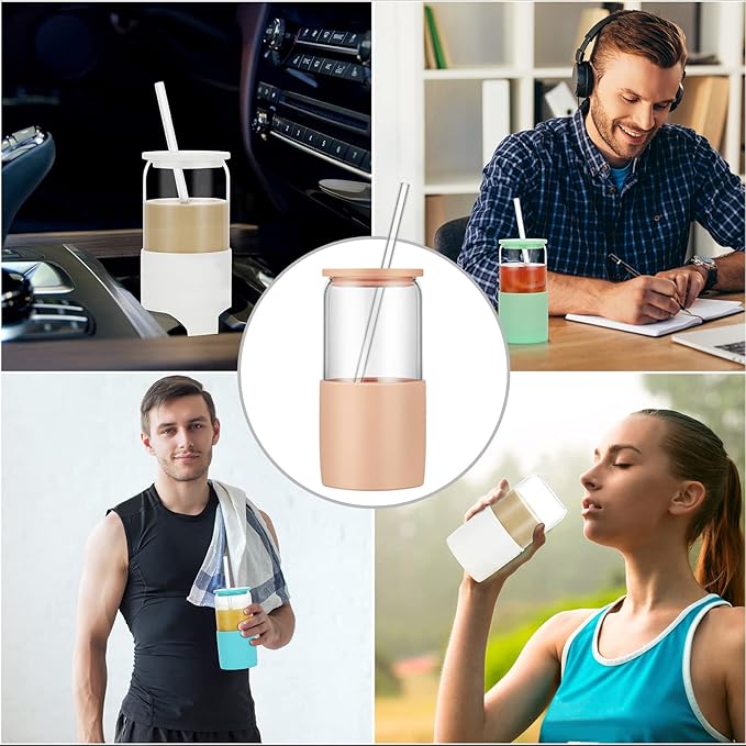 Sunseeke Glass Tumbler with Straw and Lid, 16oz Ice Coffee Cup, Silicone Sleeve Cleaning Brushes, Drinking Glasses for Water, Iced Coffee, Smoothie - BPA Free -3 Pack