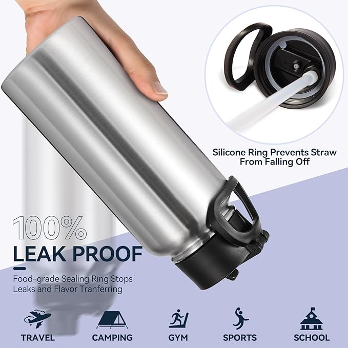 Neihepal 32 oz Insulated Water Bottles with 2 Lids (Straw & Spout Lid), 18/8 Stainless Steel Double Wall Water Bottle for Gym, Travel, Camping, Sports (Silver,2 Pack)